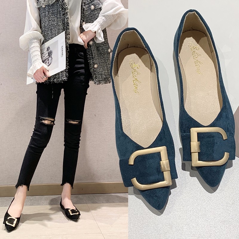 Spring Women Flats Black Pointed Toe Ballet Flats Metal Boat Shoes Woman Flock Casual Shoes Female Loafers Blue Khaki 7952C