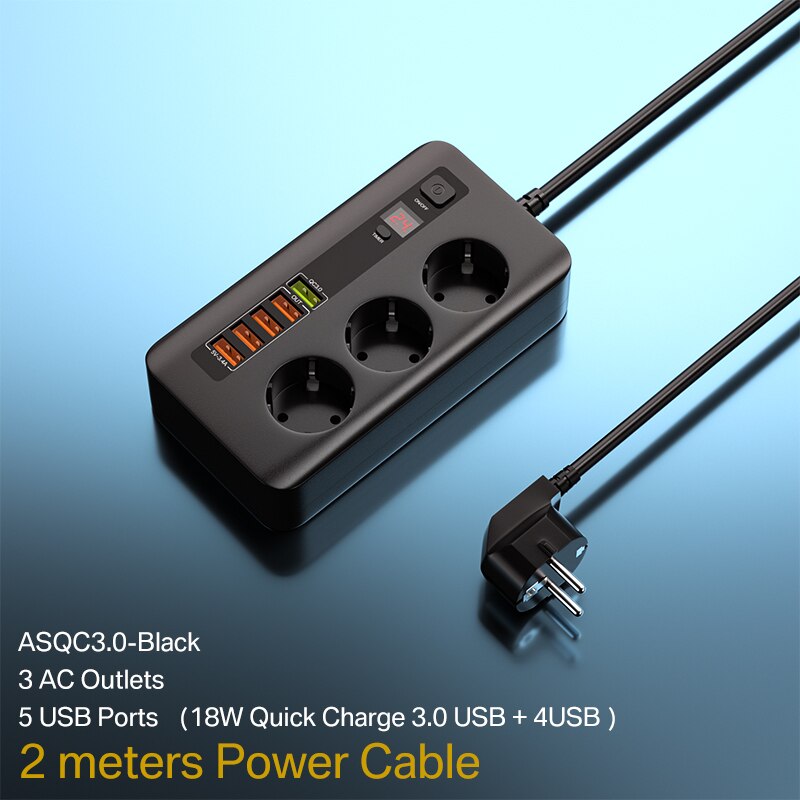 2500W Timer Smart Electrical Socket Power Strip Extension Cable With Switch Home Office Surge Protector 3 AC Outlet with 5 USB: Black QC3.0