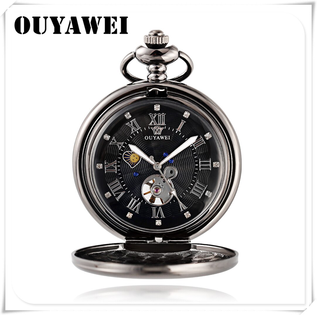 OUYAWEI Luxury Golden Moon Phase Mechanical Pocket Watch Roman Number Tourbillon Dial Pendant Chain Men Women: Black