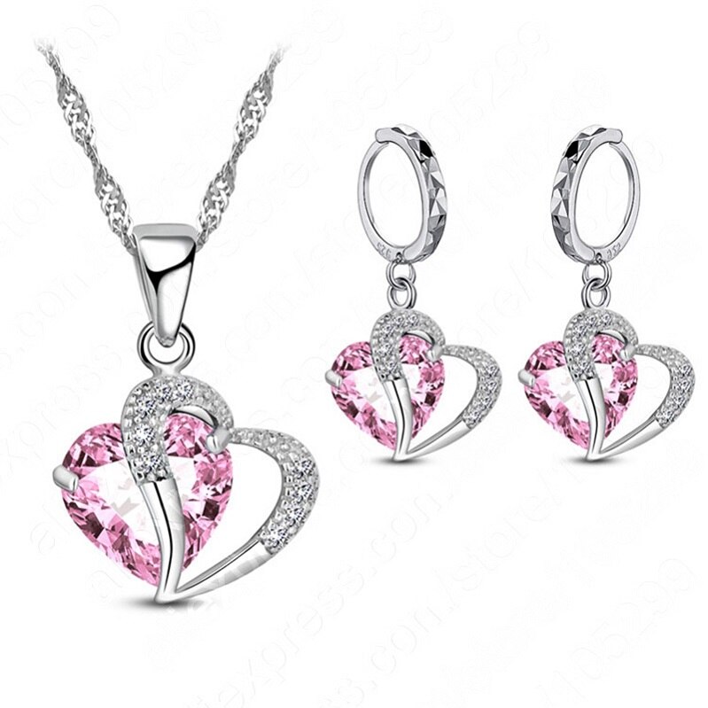 Luksus kvinder 925 sterling sølv cubic zircon halskæde vedhæng øreringe sæt brusk piercing smykker bryllup hjerte: Lyserød