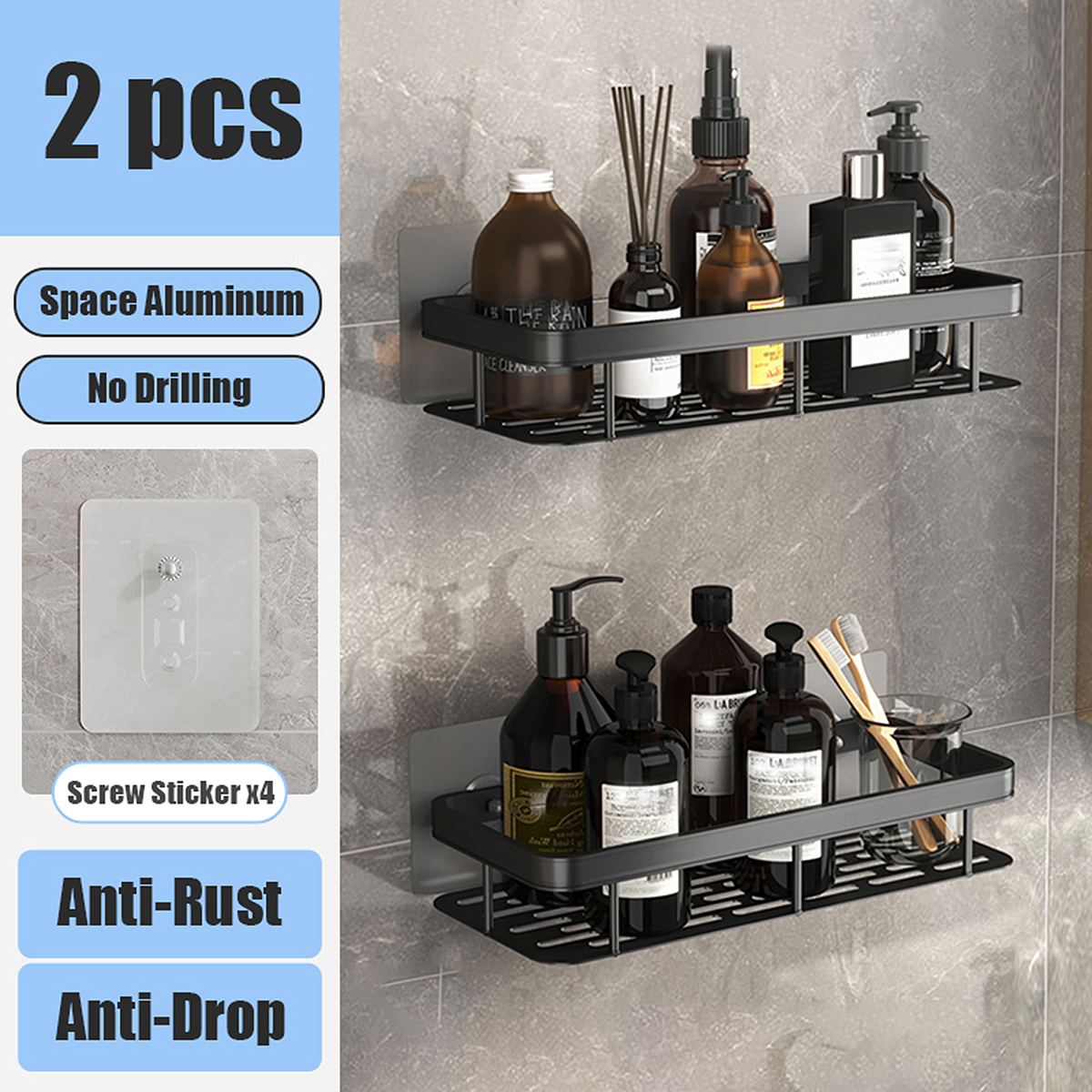 Badezimmerregal Ohne Bohren Aufbewahrungskorb Waschtisch Weltraumaluminium Lagerung Wandregale Dusch-Caddy-Rack: Blau