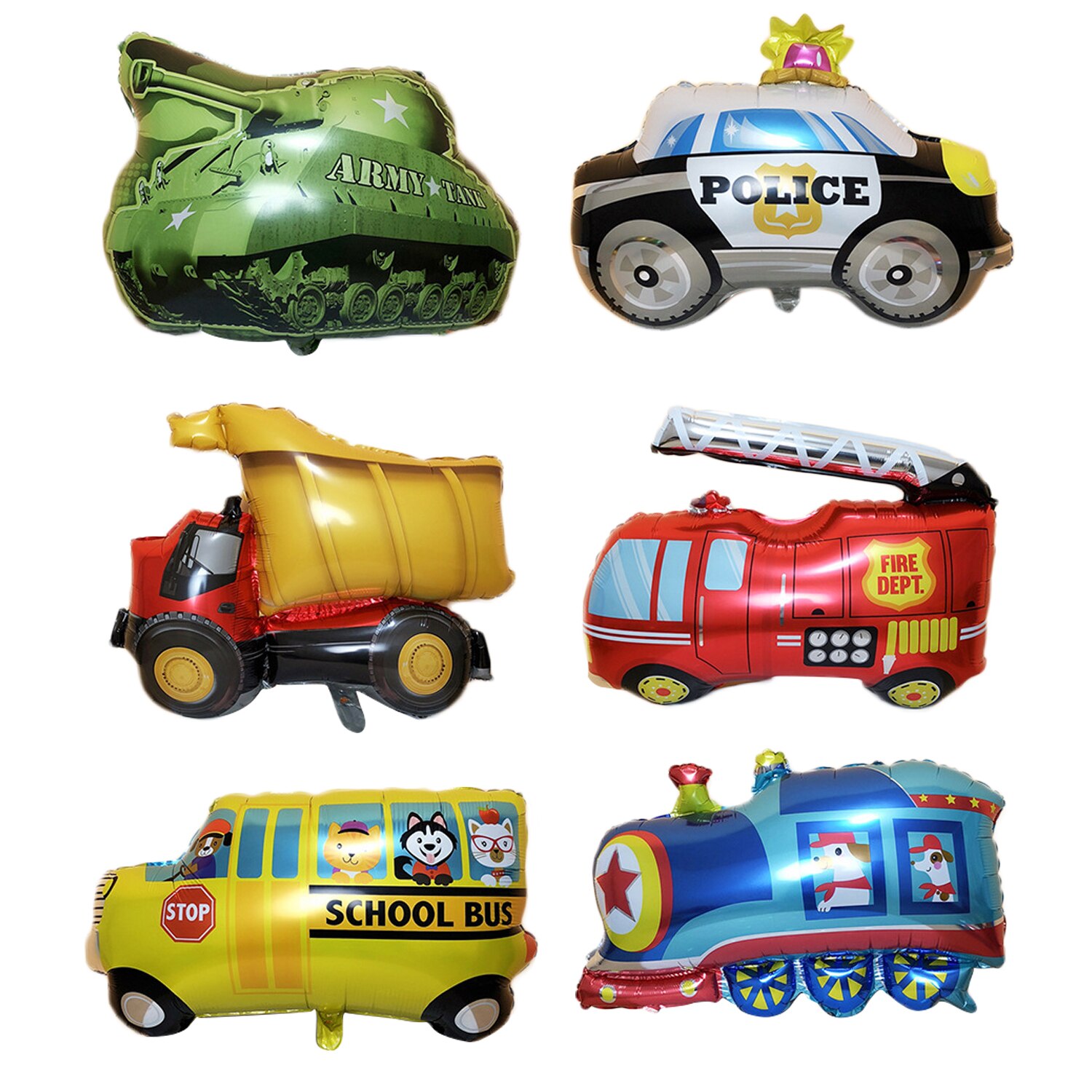 6PCS Cute Cartoon Tank Car Fire Truck School Bus Train Aluminum Foil Balloon for Kids Children Birthday Party Decor