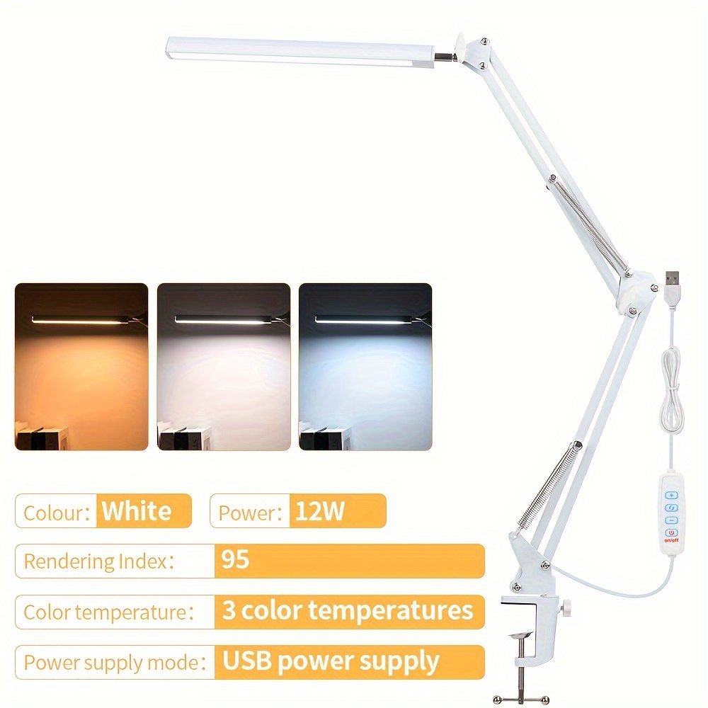 3-lichts kleuren LED flexibele bureautafellamp met draaibare klem Studietafellamp Oogbescherming Kantoor Slaapkamerverlichting: WHITE