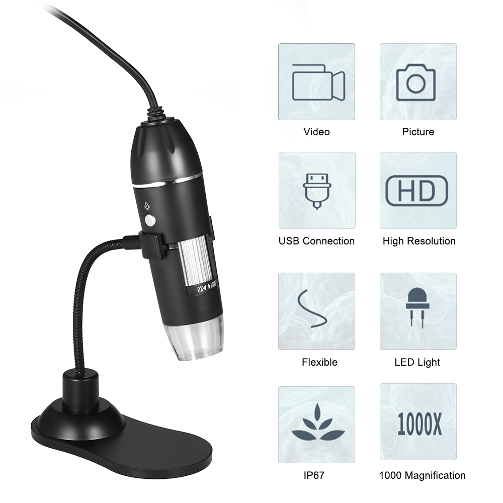 Digital Zoom Microscope USB Handheld & Desktop Magnifier 0.3MP 8-LED Light Magnifying Glass 1000X Magnification