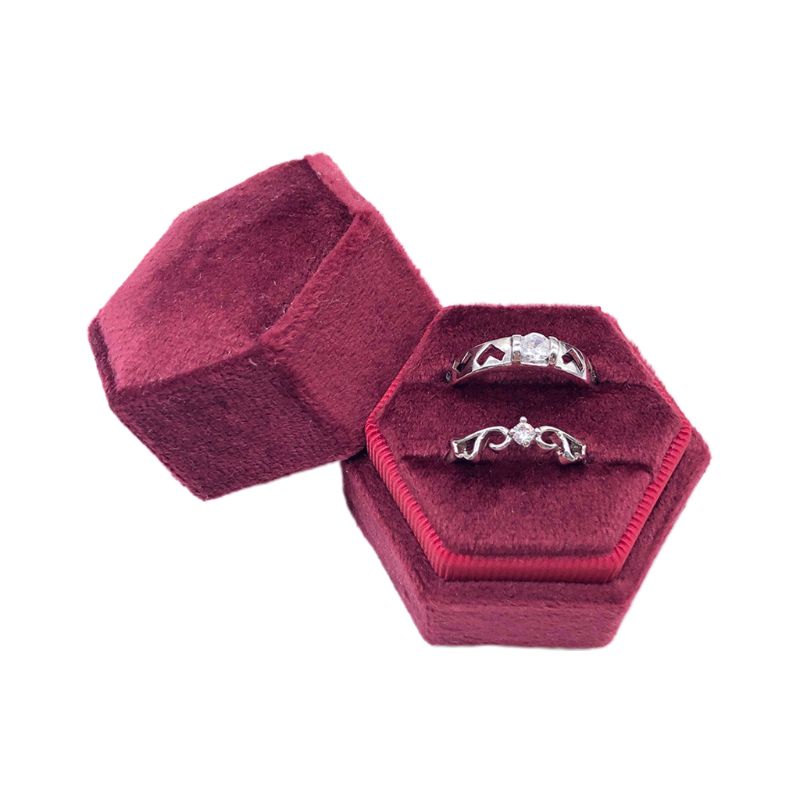 Caja de anillo de terciopelo hexagonal soporte de exhibición de anillo doble con tapa desmontable soporte de caja de anillo para ceremonia de boda: 4