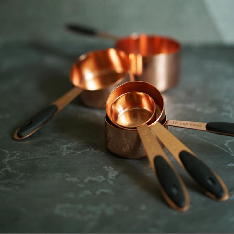 Household Kitchen Dining Bar Baking Tools Walnut Wooden Handle Copper Plating Measuring Cups Spoon Cake Sugar Tools Set