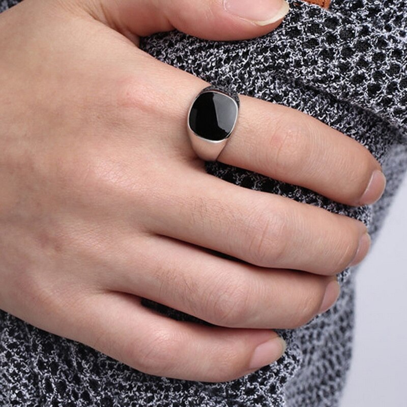 Bague géométrique en pierre noire pour homme et femme, Vintage, couleur argent, grands anneaux de mariage, fiançailles, bijoux de fête