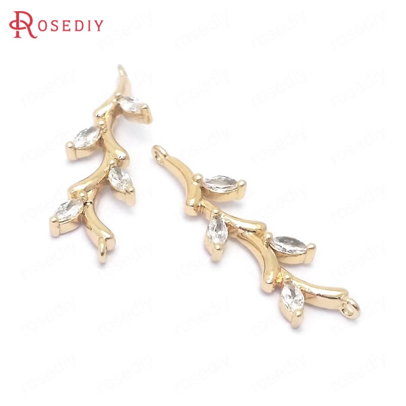 (39082)4PCS 29.5x8.5MM 24K Gold Color Brass and Zircon 2 Holes Tree Branch Connect Charms Pendants Jewelry Making Accessories