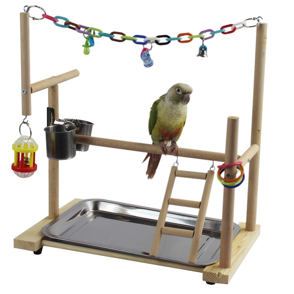 Juego de patio de pájaros gimnasio perca de loro de madera con cadena de escalada de masticar juguetes escaleras tazón bandeja extraíble-Entrenamiento de ejercicio