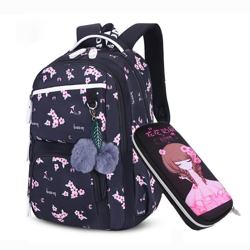 Okkid børn skoletasker til piger rusland grundskole rygsæk sød blomst print lyserød rygsæk skoletaske pige bogtaske: Sort med blomst