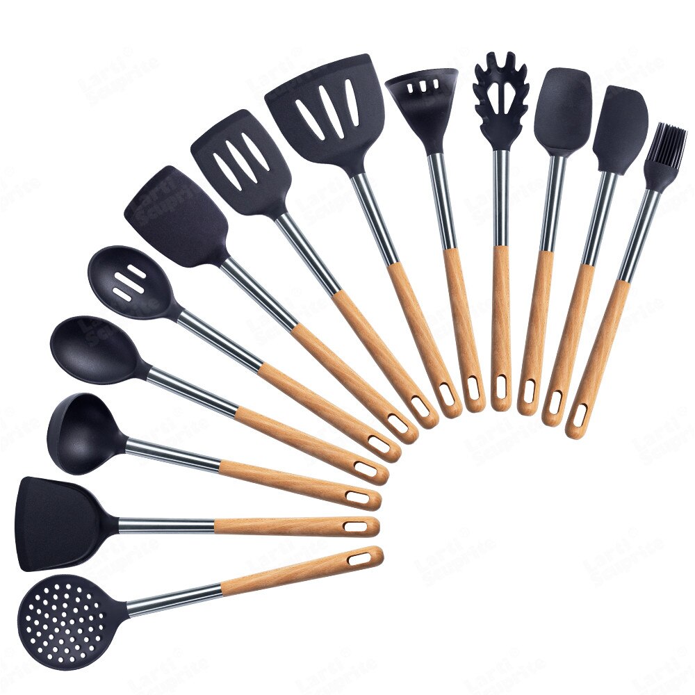 Kit d'ustensiles de cuisine en Silicone, ensemble d'outils de cuisine, accessoires allongés manche en bois massif, spatule cuillère Kit avec ustensiles de rangement: B13