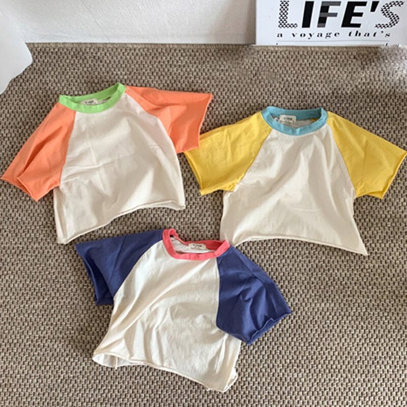 T-shirts en coton pour enfants | Ample, décontracté et à la coréenne 3470, avec manches en Patchwork, pour filles et garçons