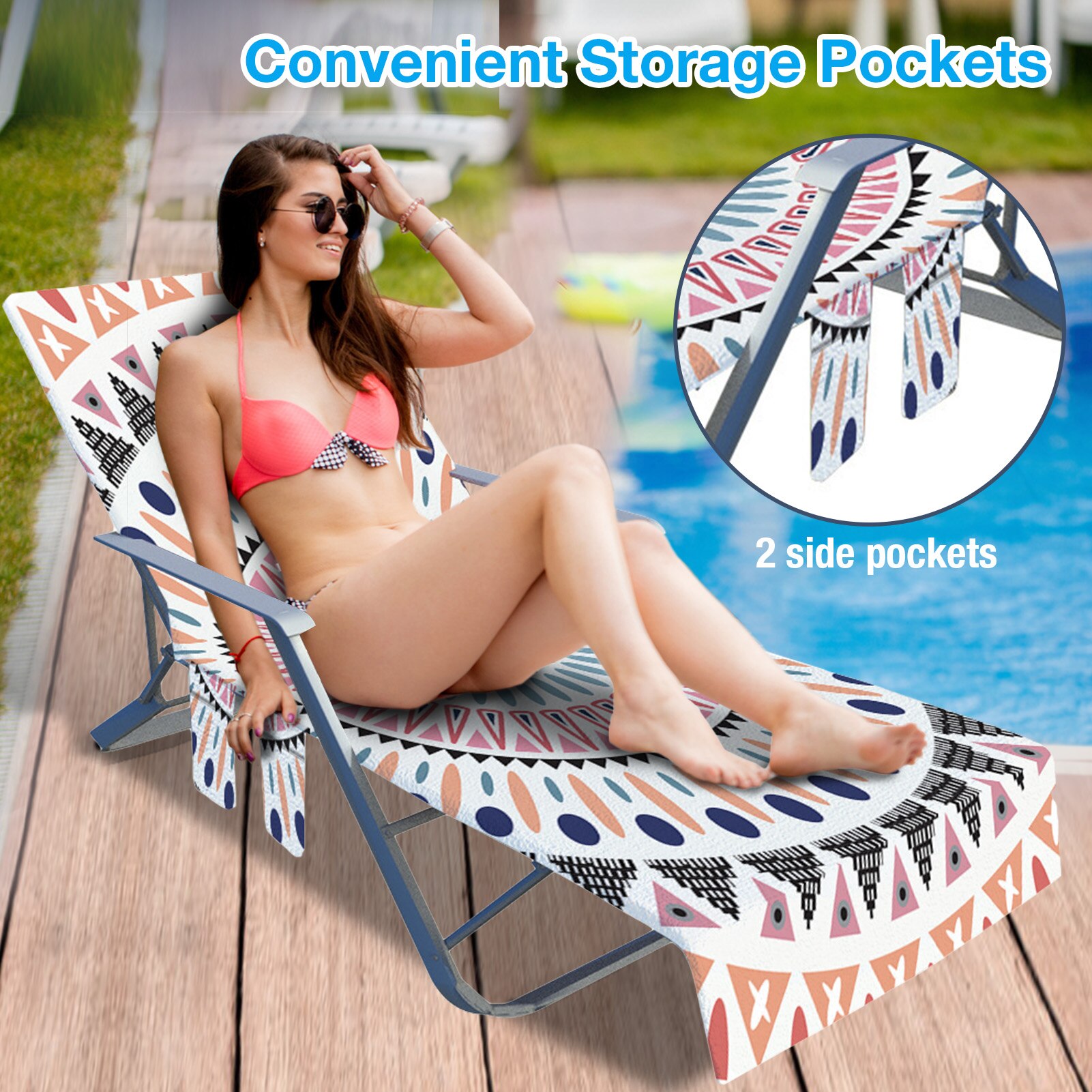 Fauteuil Cover Met Side Pocket Soft Microfiber Sling Stoel Zomer Strandlaken Print Serie Zonnebaden Lounger Handdoek Voor Strand