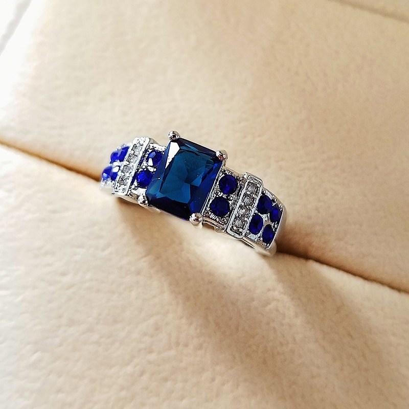 925 Sterling Zilver Blauw Rechthoek Zirkoon Engagement Ringen Voor Vrouwen Grote Vinger Bruiloft Party Sieraden Mode R5017