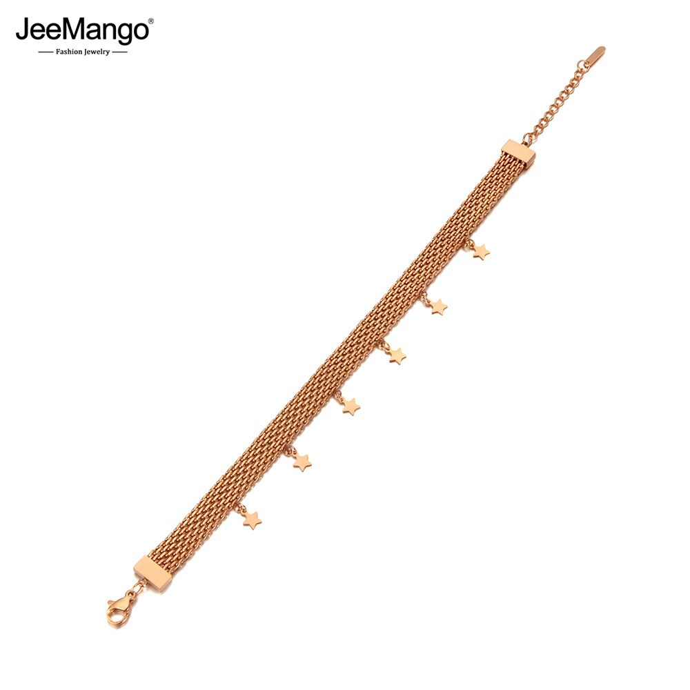 JeeMango Titanium Steel Rose Gold Chain & Link Network Bracelets Bangle Jewelry Bohemia Star Charm Bracelet For Women JB20056