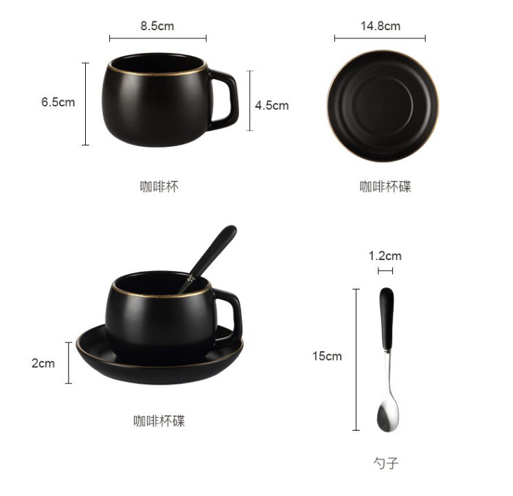 Tasse à café de luxe en céramique noire mate, 4 tasses avec soucoupe, tasse à thé au lait, pour les affaires, style nordique, de mariage