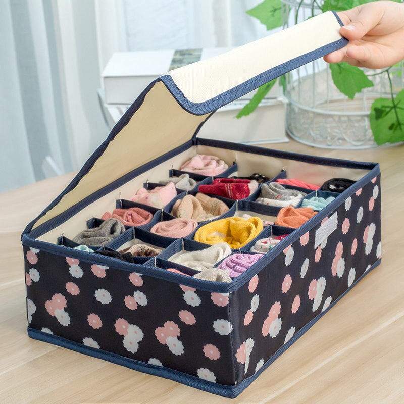 Caja de almacenamiento cubierta, organizador impreso de ropa interior, papelera de almacenamiento de tela Oxford para calcetines, armario para el hogar, bolsa de almacenamiento: Blue Flower