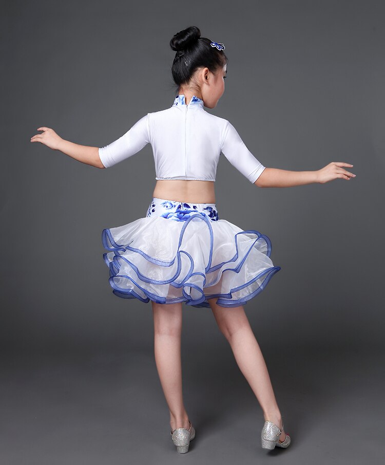 latin dance wear for girls latin salsa dress ballroom tango dresses kids spandex children rumba costumes set skirt white blue