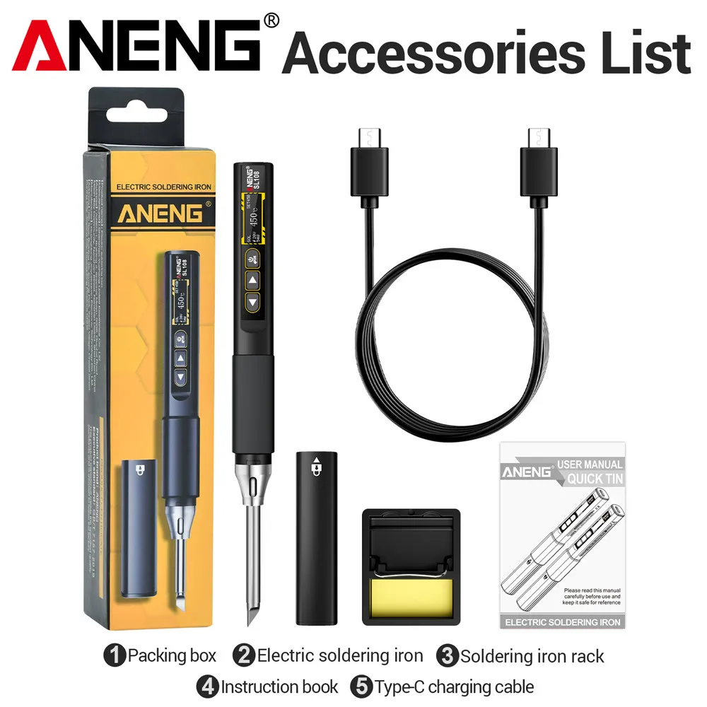 ANENG SL108 Electric Soldering Irons kit PD 96W QC Adjustable Temperature Fast Heat Portable Digital Smart Soldering Iron Tools: black