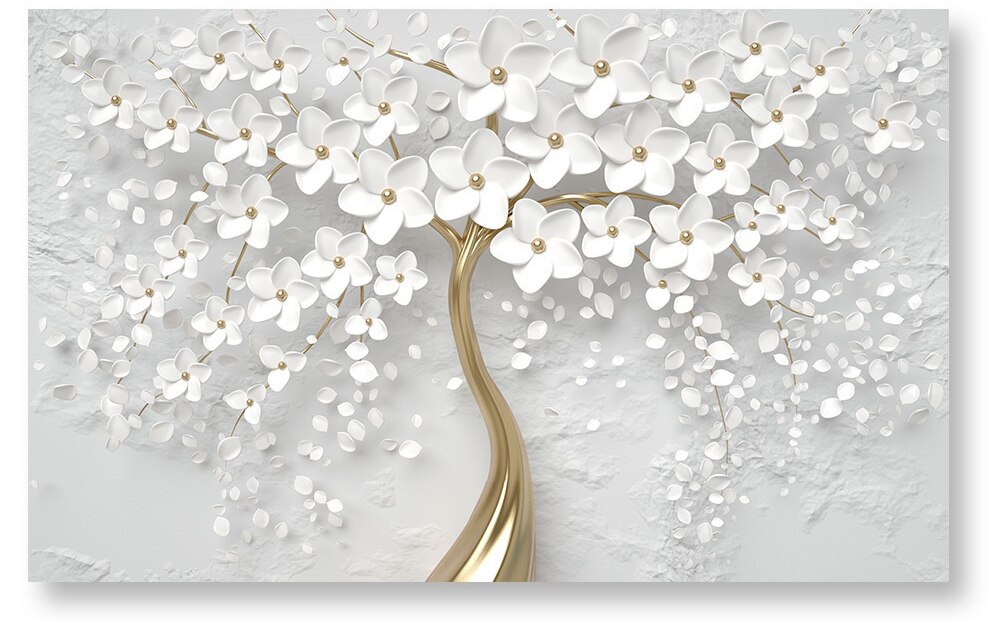Vandtæt selvklæbende vægklistermærker 3d stereoskopisk præget hvidt blomstertræ oliemaleri moderne abstrakt vægmaleri