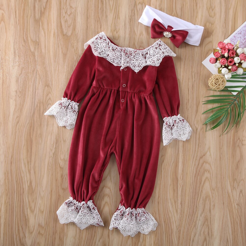 0-24M Infant Kids Baby Girls Boys Rompers Velvet Lace Long Sleeve Jumpsuits Clothes Headband 2pcs