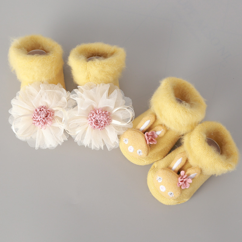 2 paar/einstellen neugeborenen-babysocken aus baumwolle, Karikatur-motiv, rutschfest, herbst-Winter-prinzessinnenblumen-socken für kleinkinder und mädchen 0-2y: Gelber Winter / 12m