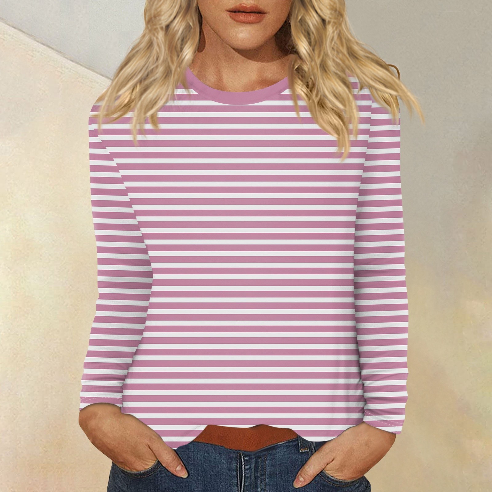 T-Shirt à Manches sulfet Col Ras du Cou pour Femme, Vêtement Décontracté, Rayé, Imprimé, Tendance, à la , de , 03: L / Marine Bleu