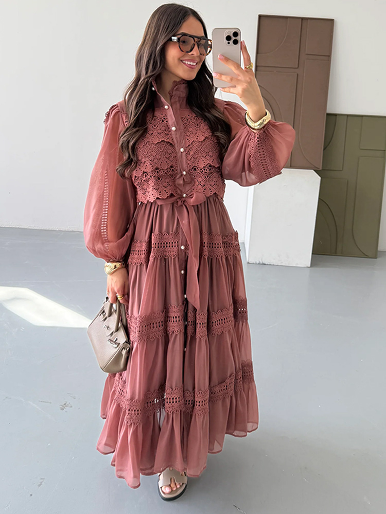 Vestido Floral calado de manga larga para mujer, vestido largo plisado con solapa y mangas acampanadas, con cordones y una hilera de botones: M / Azul