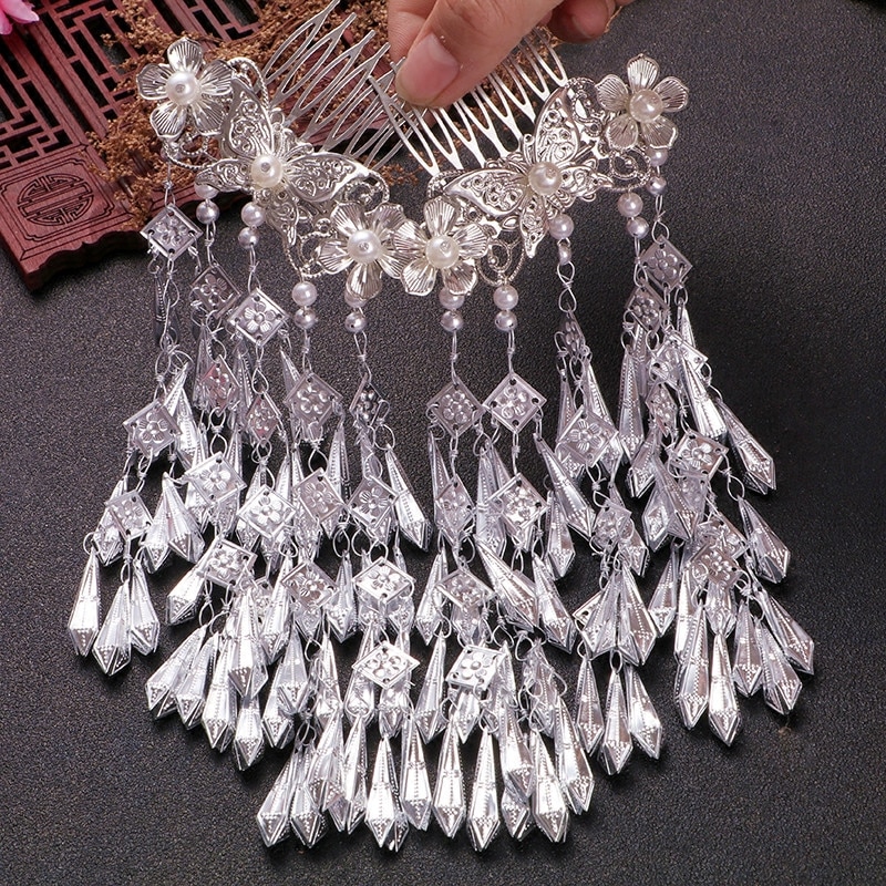 Hanfu-coiffure rétro, accessoires pour cheveux longs multicouches, petits bijoux, frange fraîche, Imitation argent Miao, peigne