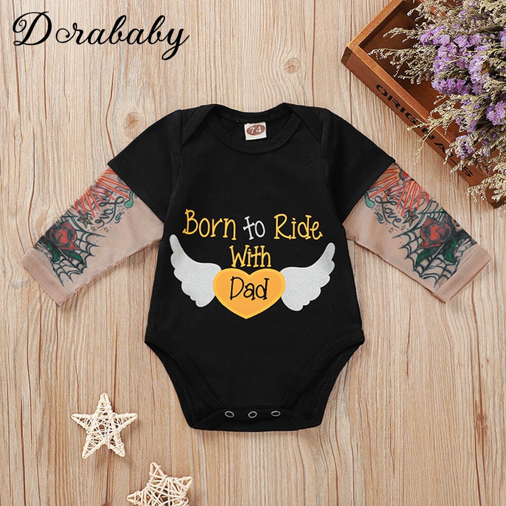 Baby jongens lange mouwen tatoeage mouw bedrukte letter bodysuit bedrukt hart vleugels baby jongens baby meisjes outfits kleding: Hart / 0-3 maanden
