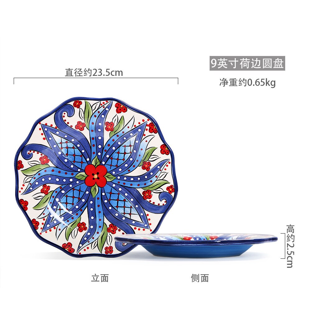 European Ceramic Tableware Set A Hand-painted Large Western Steak with A Side Plate and A Square Plate of Cutlery: D 23.5x23.5x2.5cm