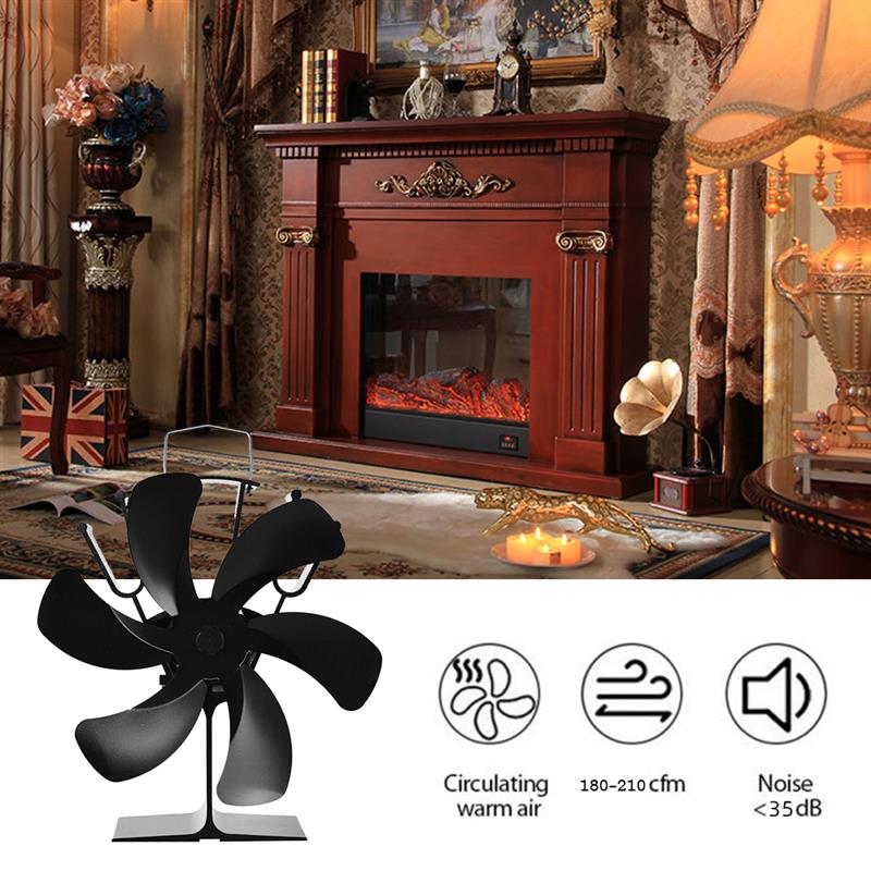 Chimenea negra de 6 aspas, estufa de calor con ventilador, registro de quemador de madera, ventilador silencioso, distribución eficiente del calor en el hogar para interior