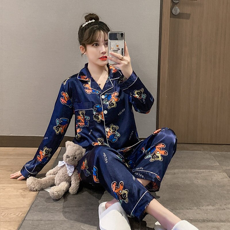 Women Satin Silk Pajamas Sets Adult Spring Faux Silk Flower Print Sleepwear Two pcs long Sleeve Shirt and Pant V-Neck Nighties: women / L