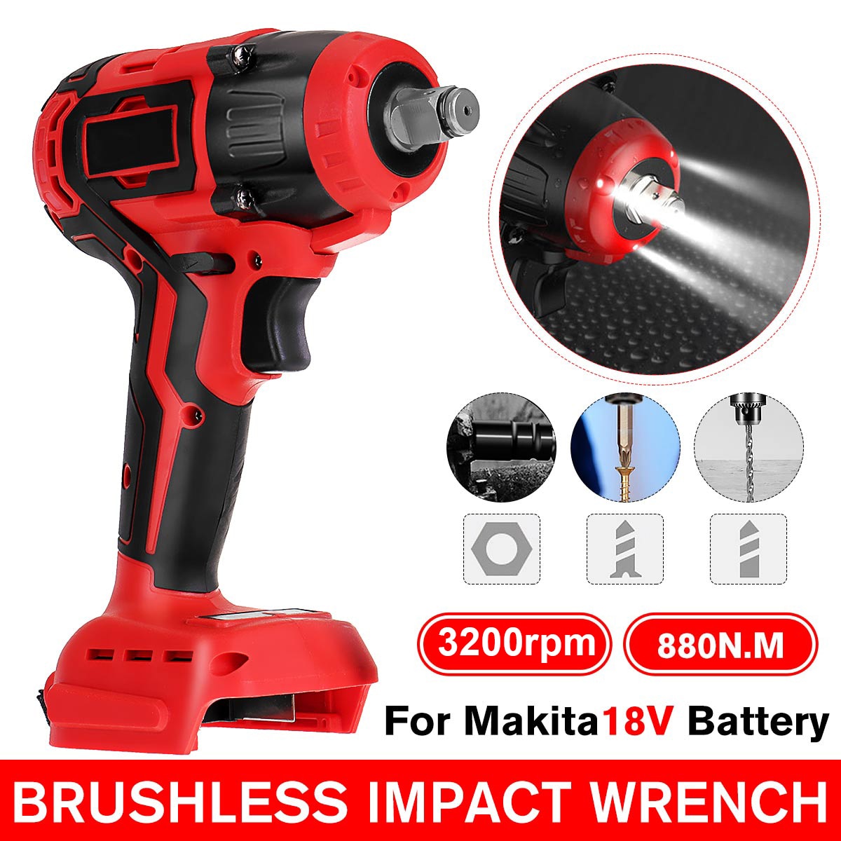 18V Cordless Electric Screwdriver with Light Brushless Impact Wrench Rechargeable Speed Drill Driver Hammer for Makita Battery