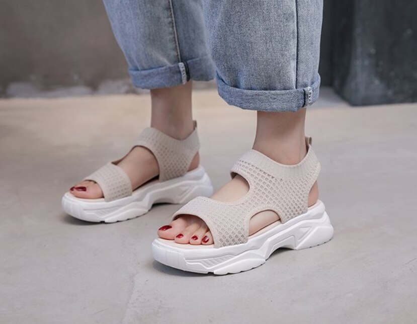 Sandaalit Naiset Kesä - Avoin Kärki, Matala Platform, Kumipohja