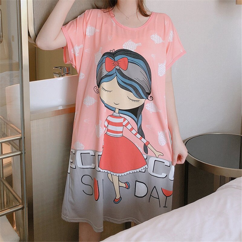 Women Nightdress Cartoon Female Loose Short Sleeve Sleepdress for Ladies Plus Size Summer Casual O-neck Homewear: Shrimp powder 3