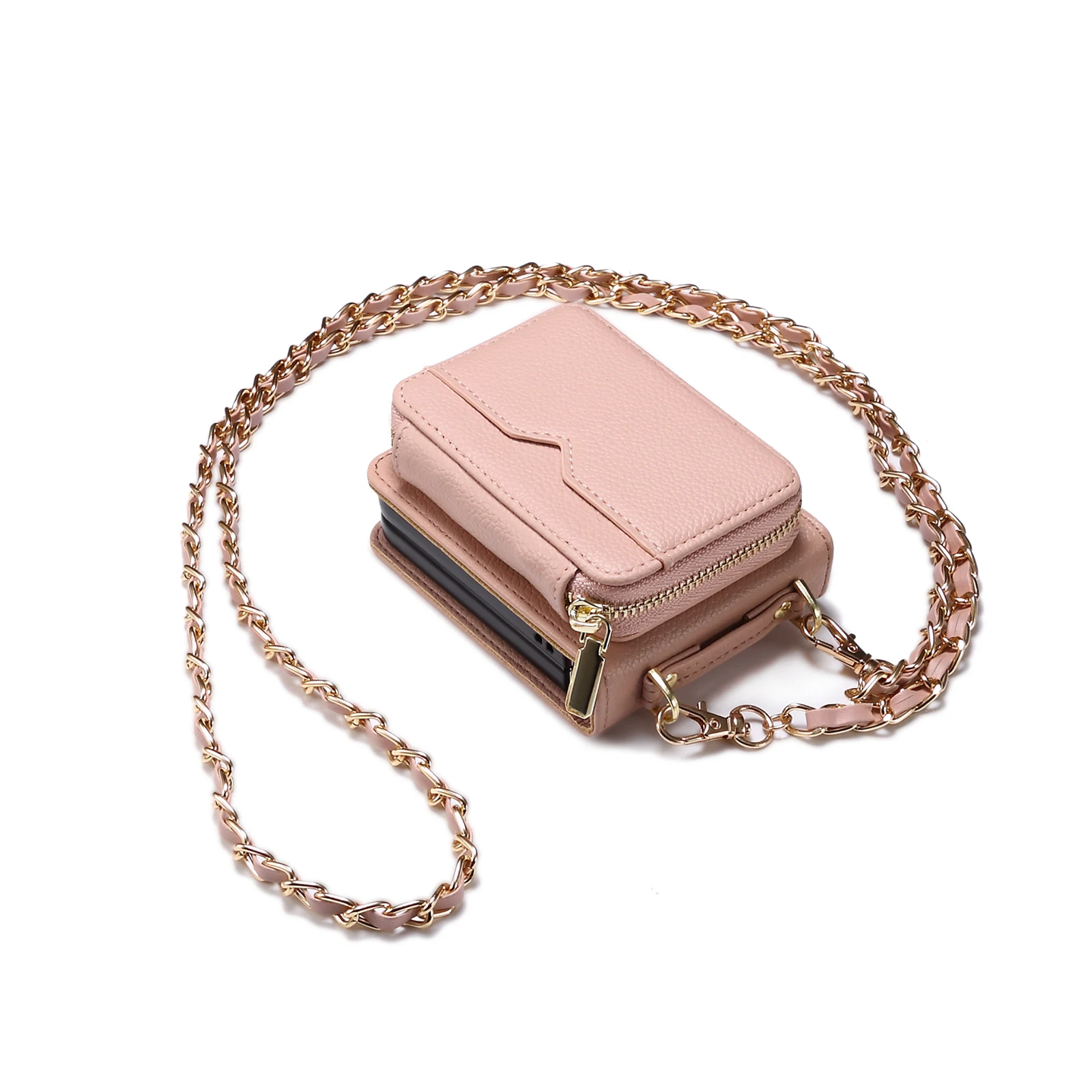 Crossbody lederen tas voor Samsung Galaxy Z Flip 6 5 4 3 5G Flip6 ritskaarten Solt portemonnee metalen ketting zaktas portemonnee cover: Katoenen stof / Roze