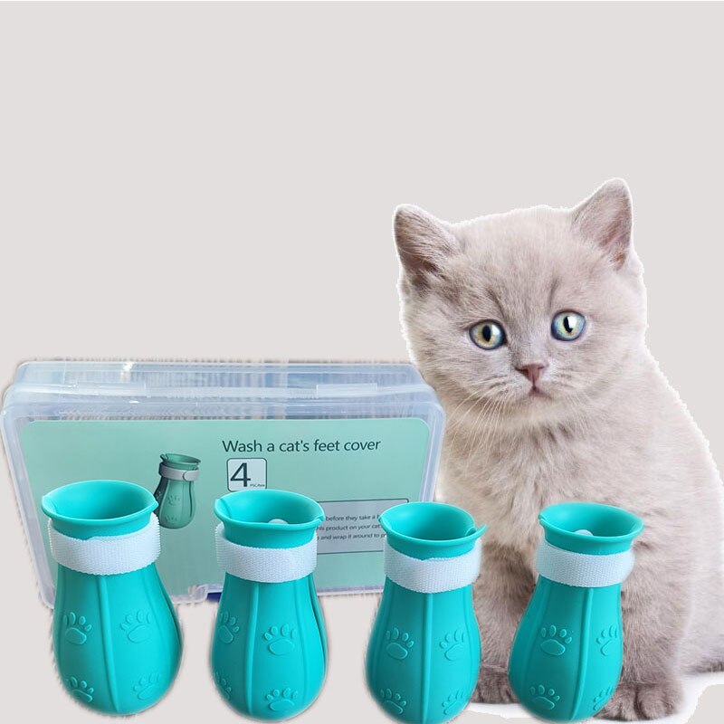 Kat Grooming Supplies Anti-Kras Schoenen Voor Katten Verstelbare Pet Kat Laarzen Bad Kat Claw Paw Cover Katten 4pcs Voet Cover: lake blue