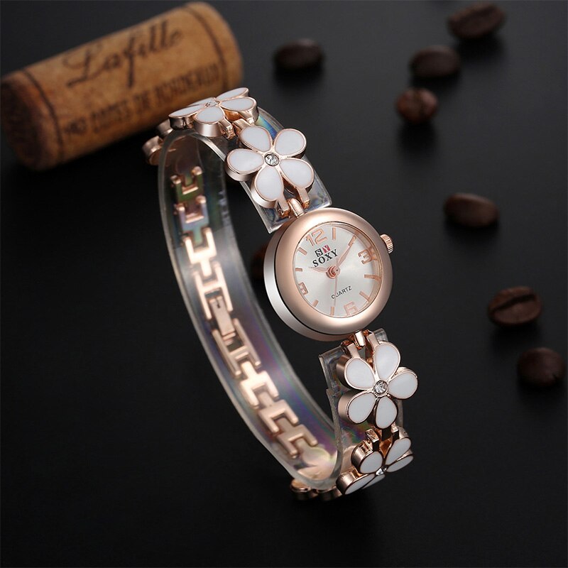 Soxy Luxe Horloge Vrouwen Mode Gouden Horloges Volledige Staal Bloemen Armband Horloge Vrouwen Uur Klok Dames Horloges Lady