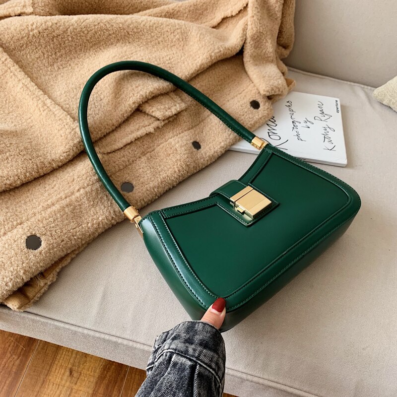 LEFTSIDE Solid Color PU Leather Shoulder Bags For Women 2022 hit Lock Handbags Small Travel Hand Bag Lady Bags: Green