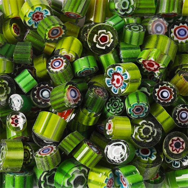 400g/14.11oz Colorful Millefiori Glass Beads Mosaic Tiles Thousand Flower Beads Cylinder Shape DIY Hobbies and Crafts Materials: Green Mix