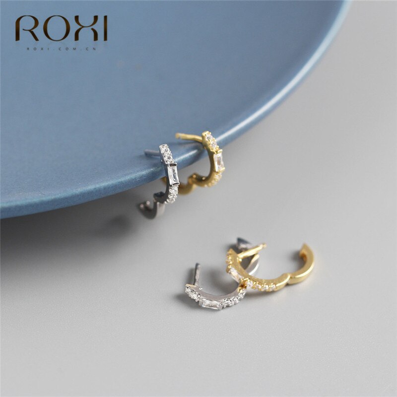 ROXI 925 Sterling Silver Clear Zircon Circle Stud Earrings for Women Square Crystal Loop Earrings Korean Jewelry Wedding Earring