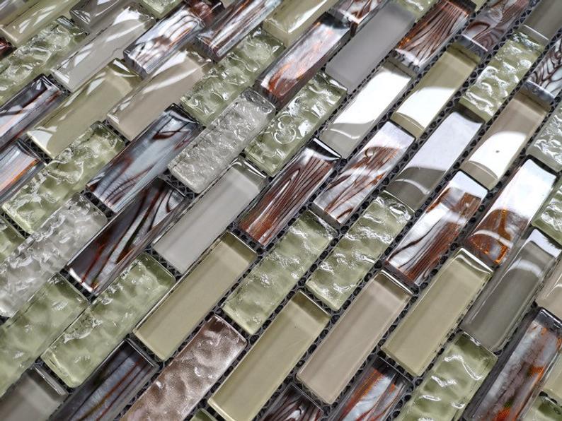 Brick Glass Wall Tile backsplash JMFGT064 Light Green Beige Gray Glass Mosaic Bathroom Wall Tiles