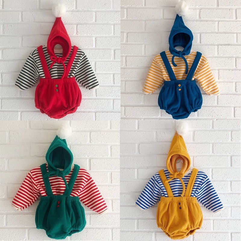Babykledingset voor jongens, gestreepte tops met lange mouwen en kinderoveralls + muts, 3 sets kinderkleding, jumpsuits voor meisjes en babykleding.