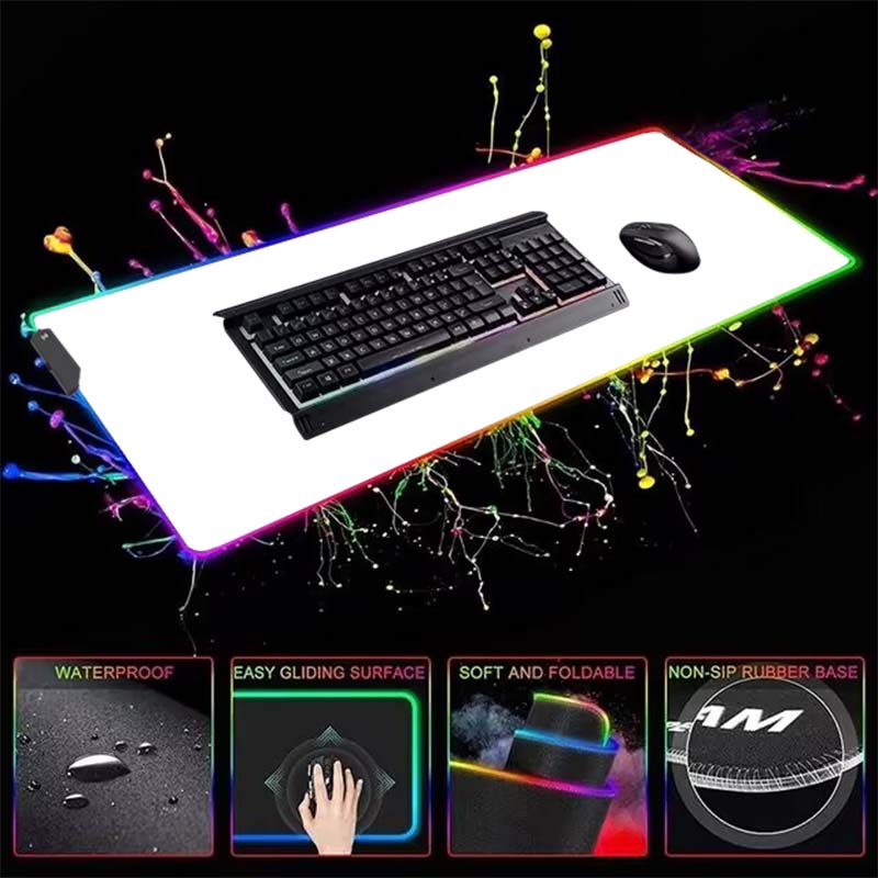 Weißes und schwarzes LED-Mauspad, RGB-Spielen-Mauspad, Spielzubehör, hintergrundbeleuchtete Schreibtischunterlage, Computer-Tastatur, Mäusematte, XXL, großes Mauspad