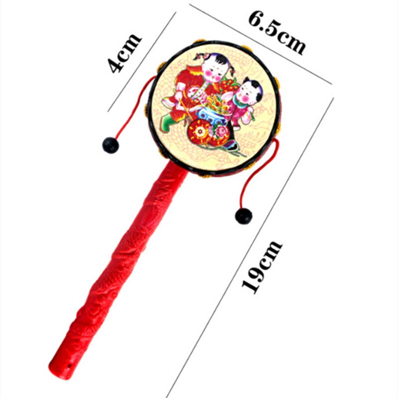 Rode Chinese Traditionele Spin Speelgoed Rammelaar Drum Kids Cartoon Hand Bell Plastic Voor Baby