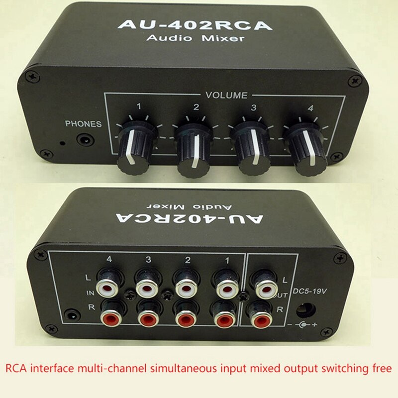 Mélangeur RCA multi-sources, 4 entrées et 2 sorties, réverbérateur Audio stéréo, commutateur Audio, pilote, contrôle du Volume des écouteurs
