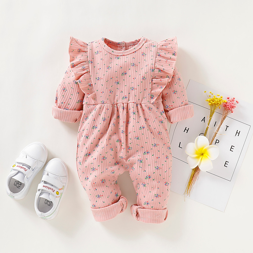 Herfst Winter Pasgeboren Baby Baby Meisjes Lange Mouwen Ruches Bloemenprint Romper Jumpsuit Kleding 30