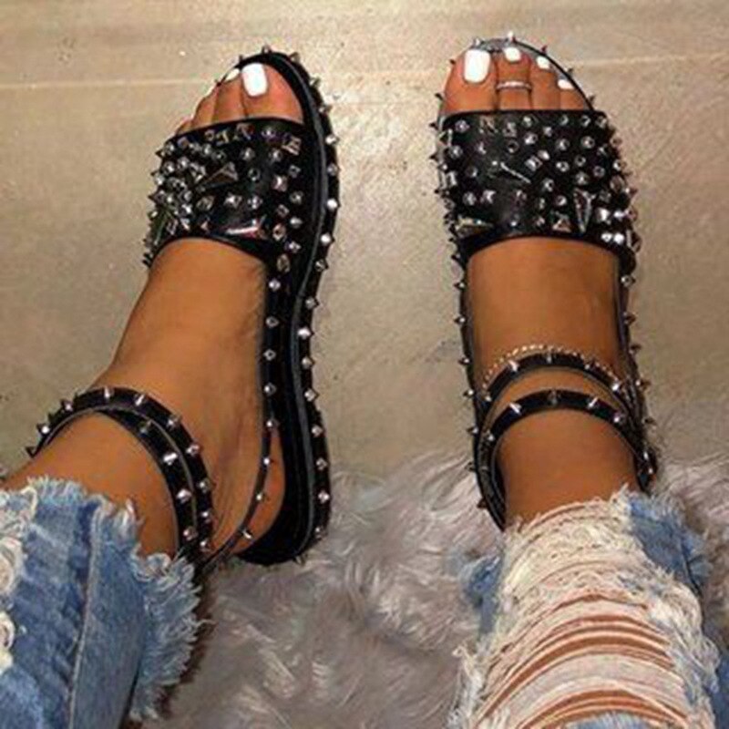 Sandalias con remaches para Mujer, Sandalias De tacón plano con correa para el tobillo, con cordones, sólidas, estilo Punk, De verano , Zapatos De Mujer