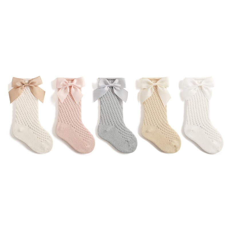 Verão crianças meias floral grande arco crianças meninas joelho alta meia longa algodão macio oco para fora meias do bebê malha menina princesa socken